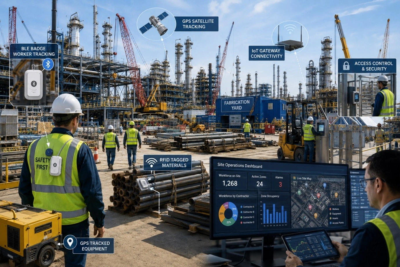 Industrial construction site with refinery structures, tracked workers, RFID materials, GPS equipment, and access control systems.